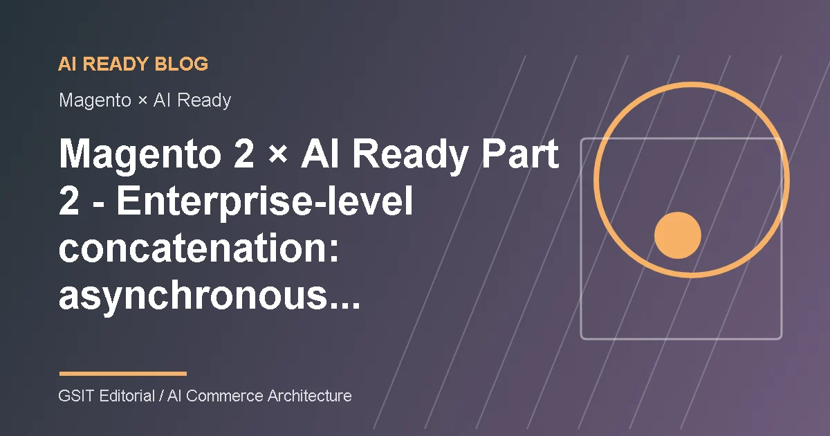Magento 2 × AI Ready 2 Enterprise-level Series: diagrama esquemático de la gestión de contenido de comercio electrónico AI Ready y la integración de sistemas que integran solicitudes asincrónicas, API masiva, colas de mensajes y GraphQL